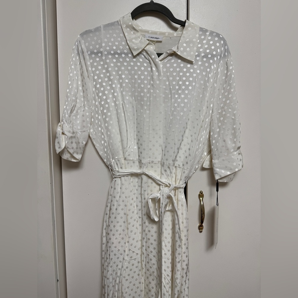 NWT | Calvin Clein Elegant White Polka Dot Dress with Pockets Size 12